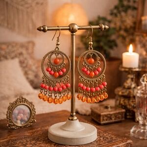 Bohemian Moroccan Style Gold & Orange Chandelier Earrings - Pre-loved